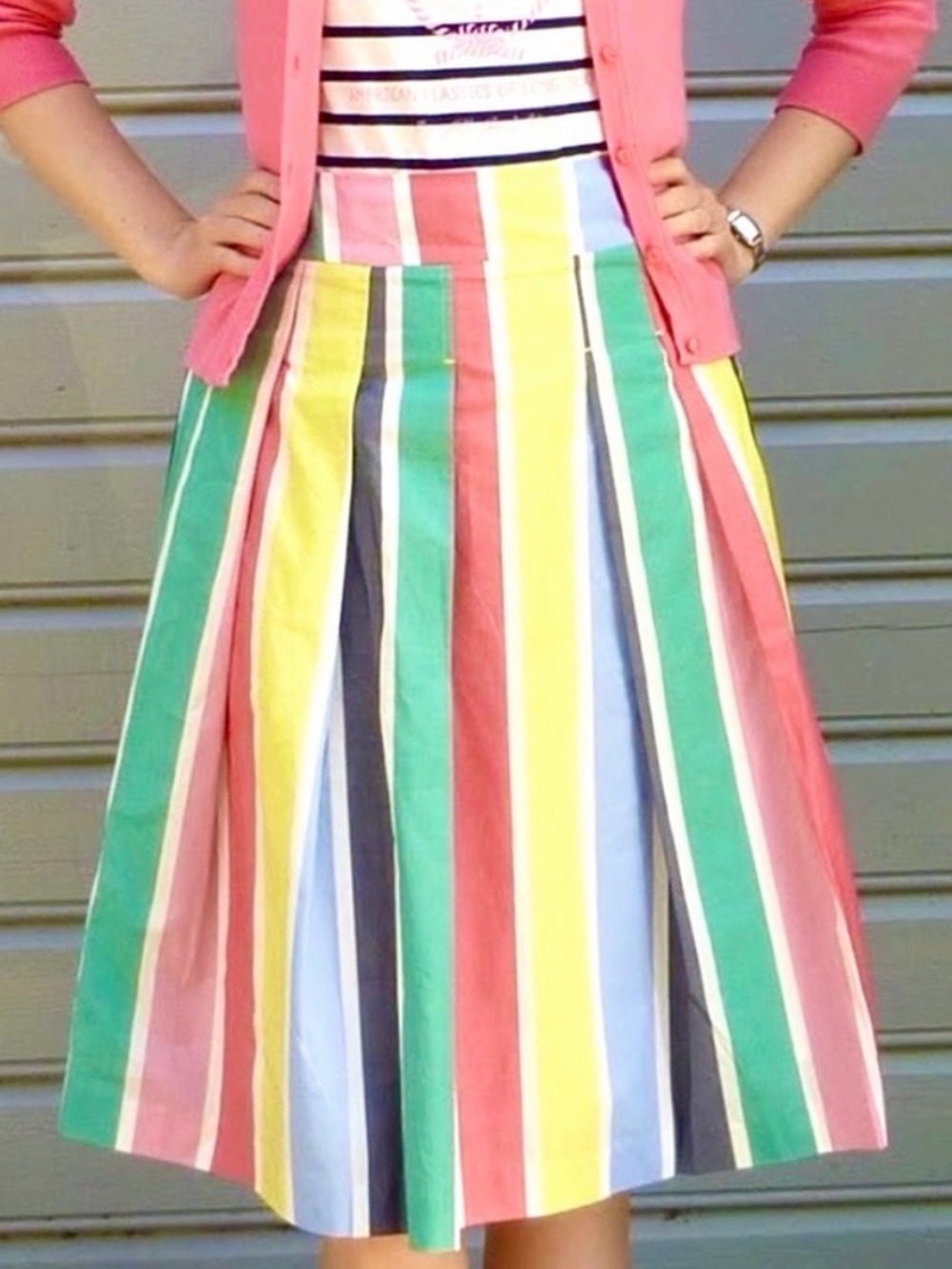 NWOT Boden Rainbow Stripe A-Line Pleated 100% Cotton Midi Skirt Size 8L Preppy